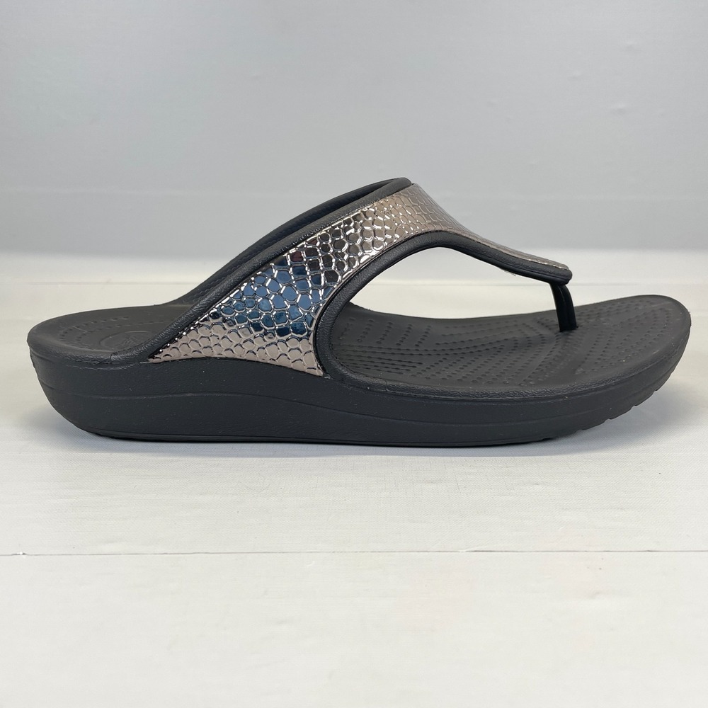 Crocs Monterey Metallic Wedge Sandals Womens Size 10 Black Silver Slip On Shoes